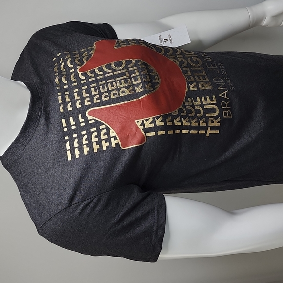 TRUE RELIGION DARK GREY WITH GOLD LOGO TEE SHIRT - Picture 3 of 8